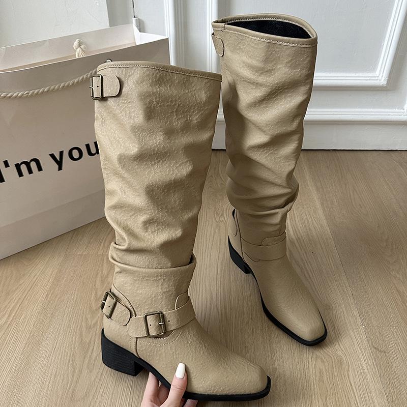 Vintage pleated simple fashion boots women's 2025 autumn and winter new versatile daily Maillard high boots knight boots tide