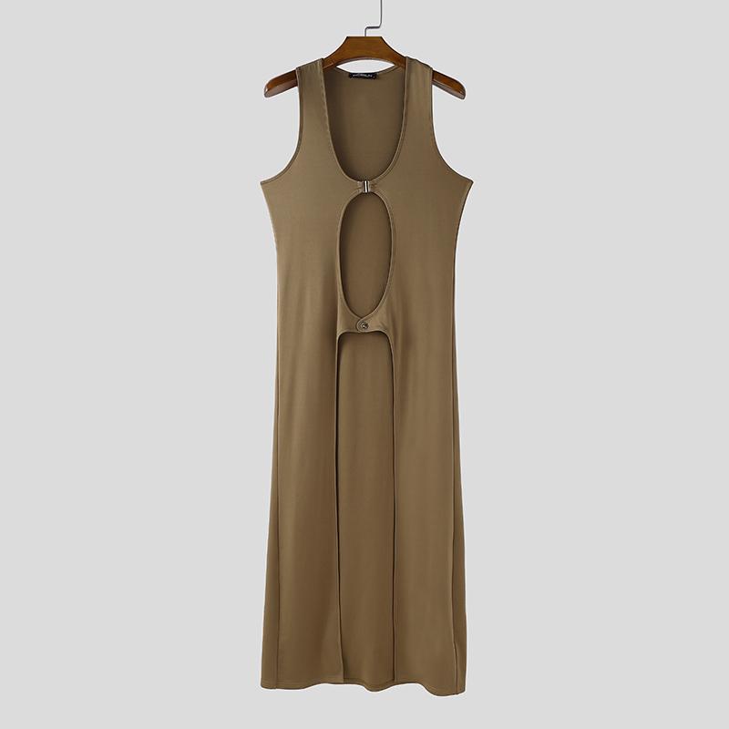 INCERUN Men U Neck Sleeveless Cutout Button Casual Long Tanks Cardigan