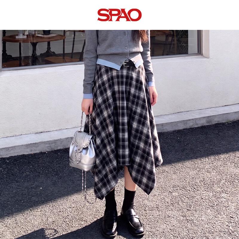 SPAO Korean Style High-Waisted Plaid A-Line Midi Skirt