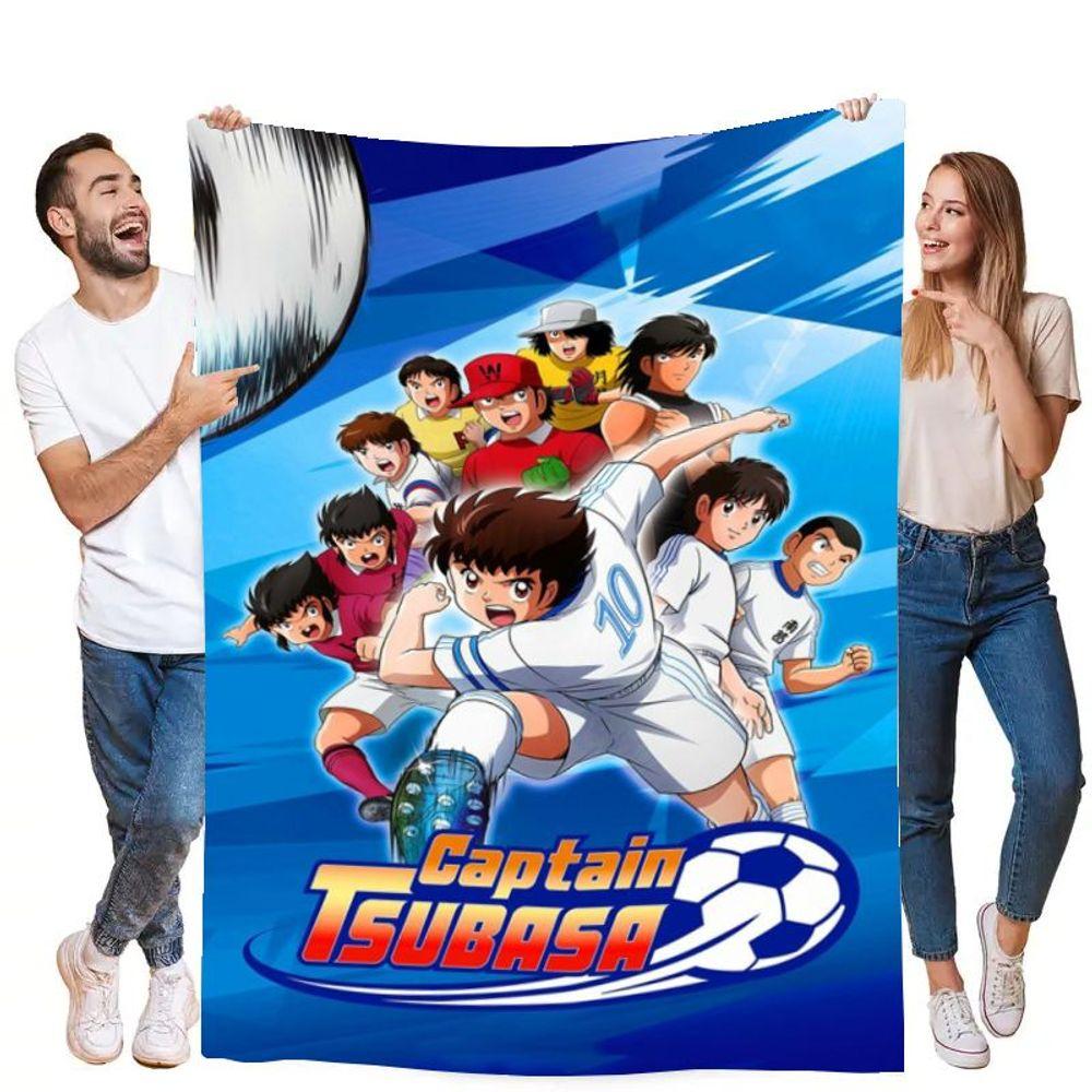 Dynamische Captain Tsubasa Fußball Anime Decke - Lebhaft blaue und weiße weiche Überwurfdecke mit ikonischen Charakteren in Aktion P
