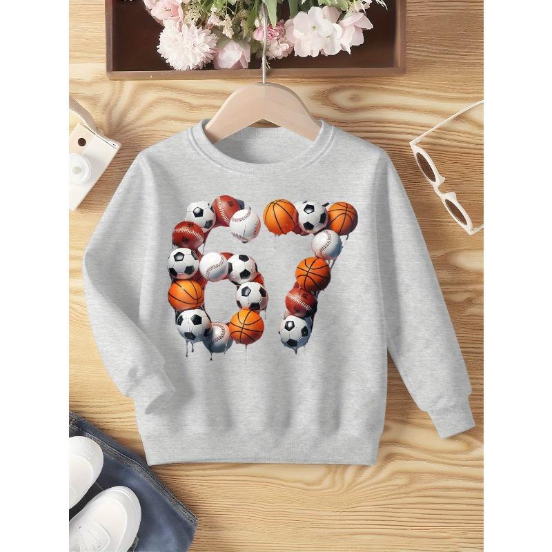 Kids Unisex Crewneck Sweatshirt, Sports Ball Drip 67 Number Print with Soccer Basketball Baseball Rugby, Long Sleeve Pullover for Boys Girls Ages 4+
