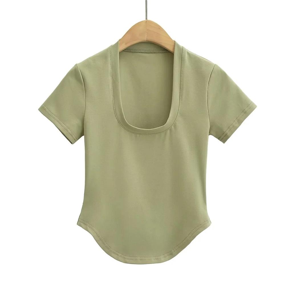 American Summer New Style Chest Revealing U-Neck Slim Fit Short Sleeved Top Sexy Slim Fit Revealing Short Curved Hem T-Shirt