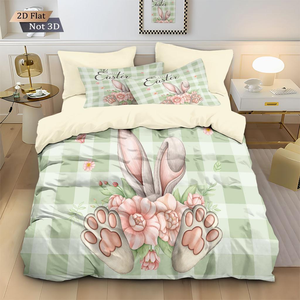 3pcs Easter Egg Rabbit Print Down Duvet Cover Set, Multi Size Bedroom, Dormitory Bedding Decoration, Machine Washable