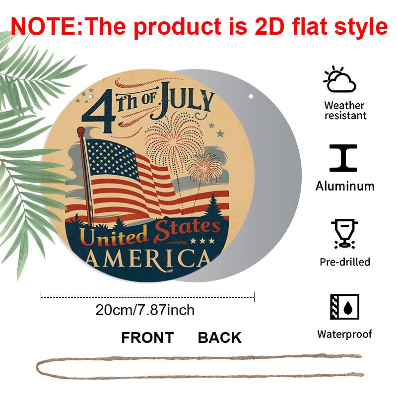 

2D Flat 1pc, 8x8 in, Independence Day Celebration Themed Round Aluminum Metal Sign; Front Door Porch, Living Room, Bedroom Home Decor, Country Style 1pc