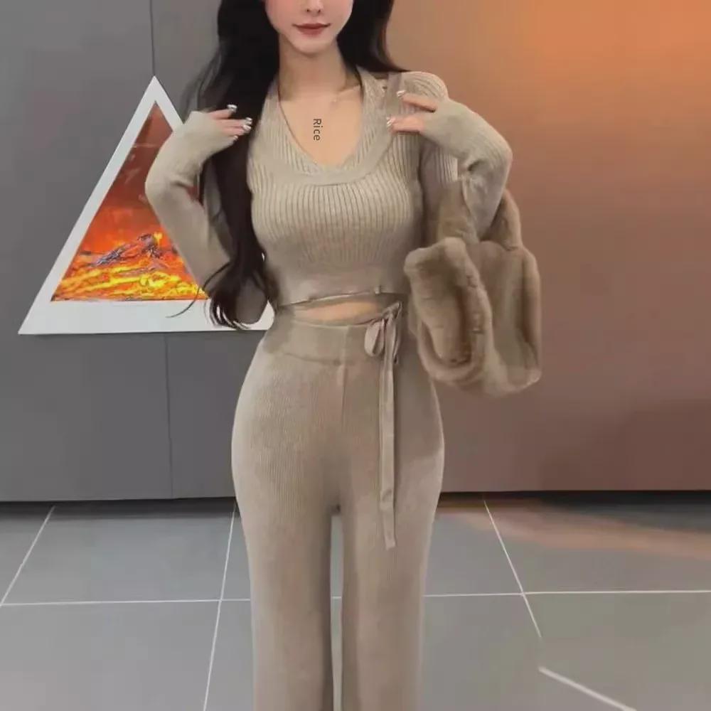 Oatmeal Latte Knit Slim Fit Two-piece Set: Autumn/Winter Trendy Outfit for Women