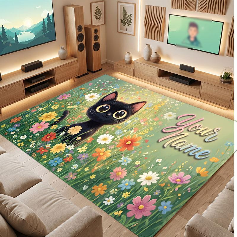 Cat Theme Crystal Velvet Floor Rug Personalized Custom Name Text Warm Carpet Home Decoration