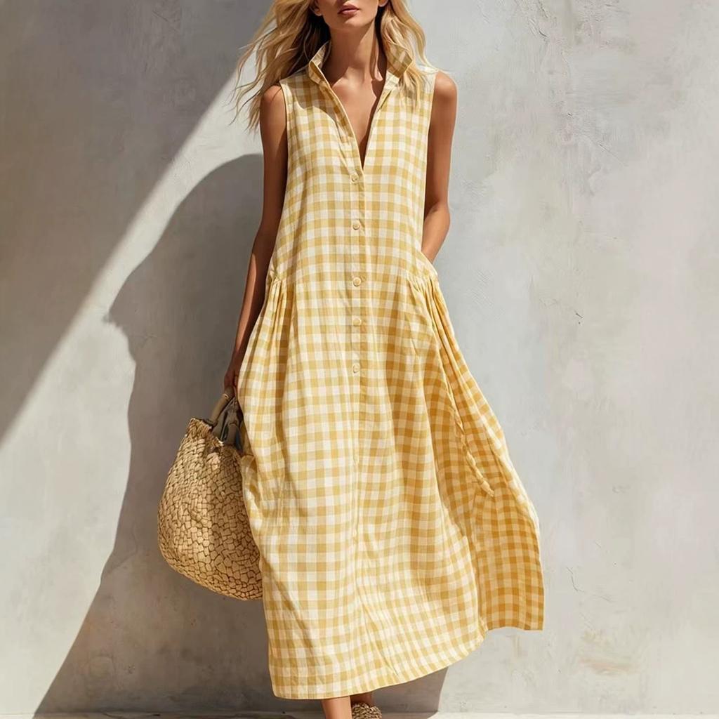 Women's Sleeveless Button Front Shirt Dress with Collar Loose Fit Blue Checkered A Line Dress