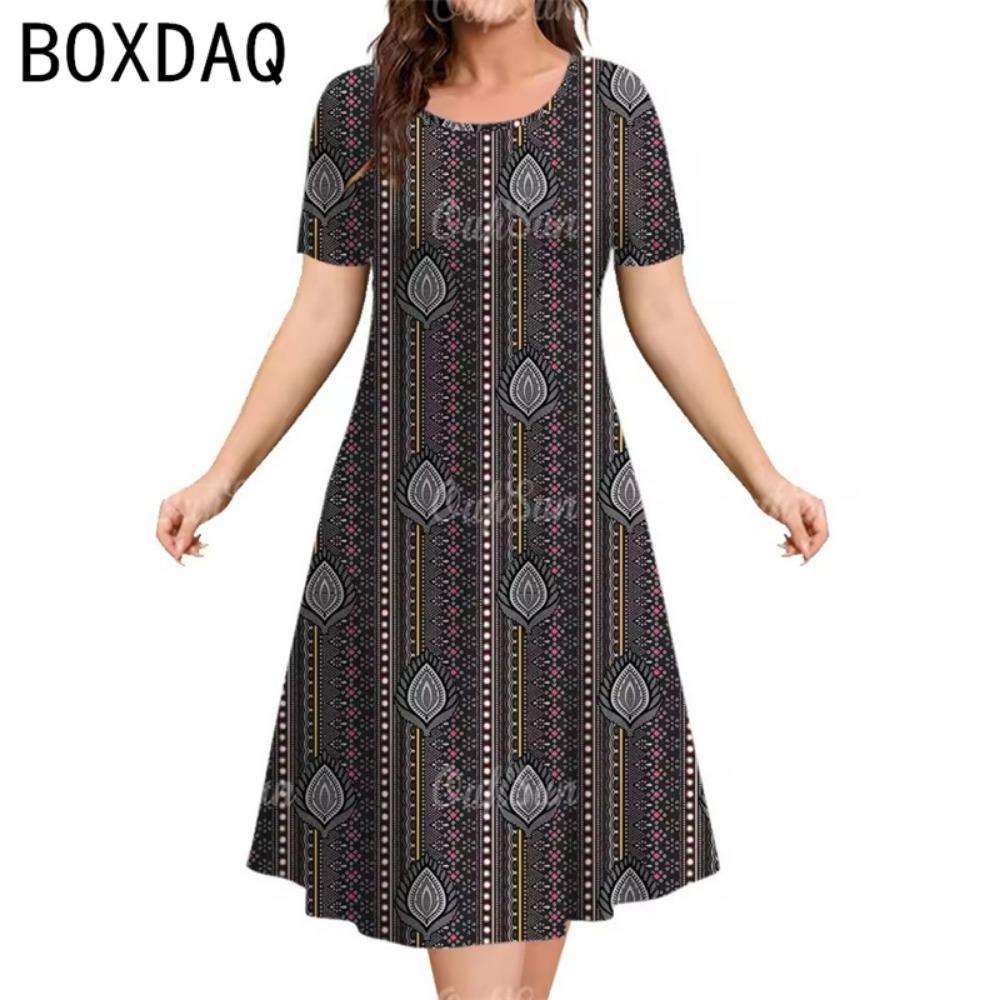 Women's Vintage Bohemian Ethnic Print Dress Summer Big Size Short Sleeve O-Neck Casual Dress Elegant Ladies Mini A-Line Dress