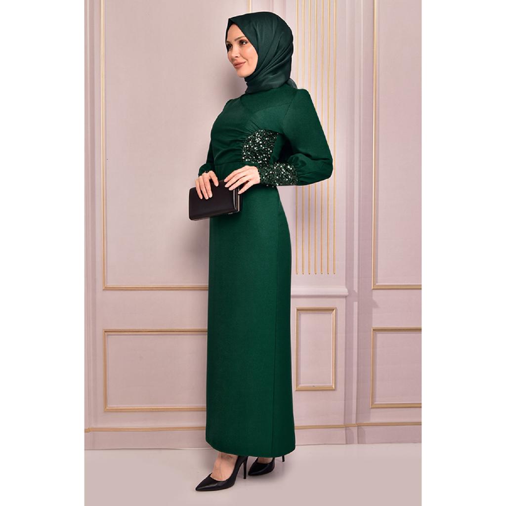 Pearl Detail Evening Dress Emerald Asm2553