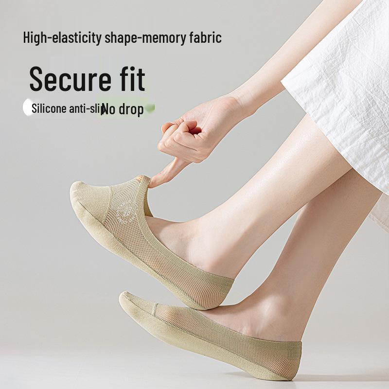 Mesh Ice Silk Women's Low-Cut Invisible Boat Socks with Anti-Slip Heel and Cotton Bottom