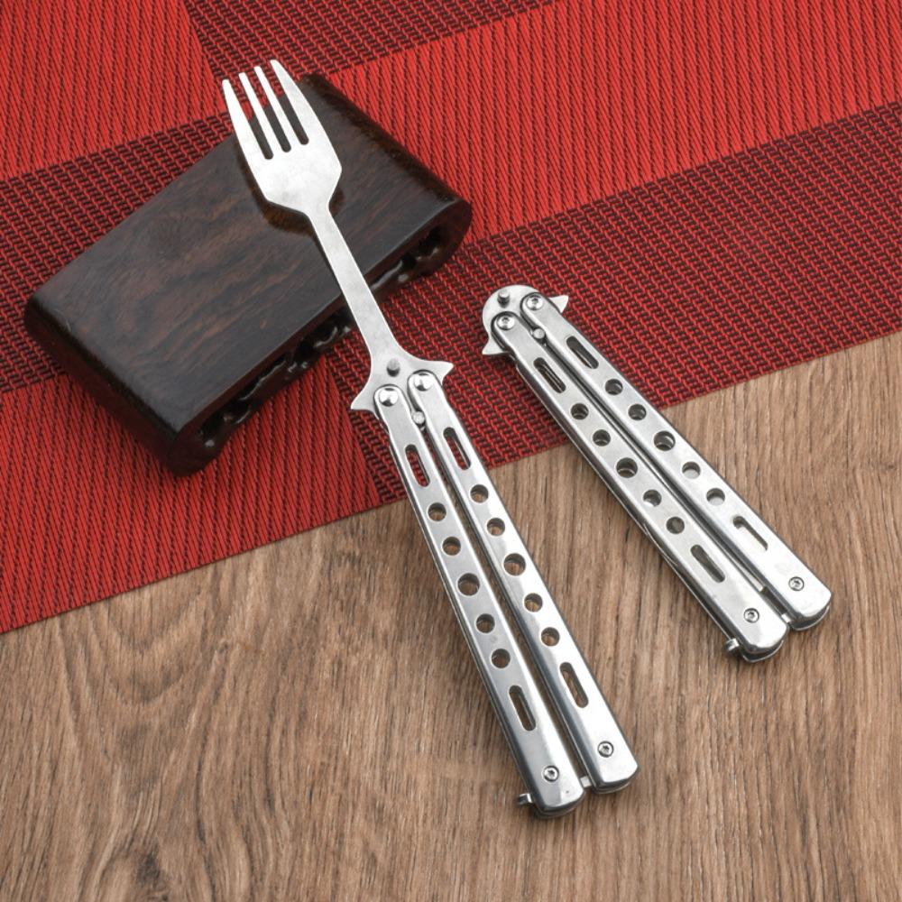 Stainless Steel Butterfly Cutter Style Folding Spoon Rust-proof Portable Spoon Forks Outdoor