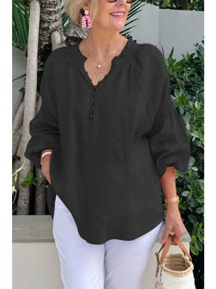 Women’s Polo-neck V-neck Plain Cotton-linen Long-sleeved Casual Top