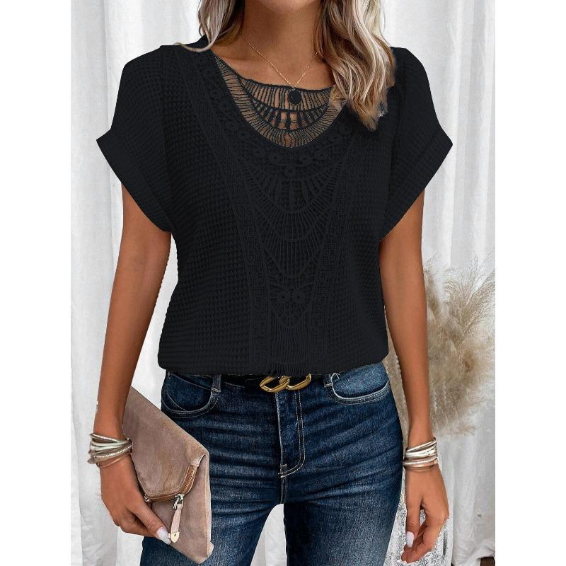 Lace Splicing Crew Neck T-shirt, Casual Short Sleeve Top For Spring & Summer, Women's Clothing