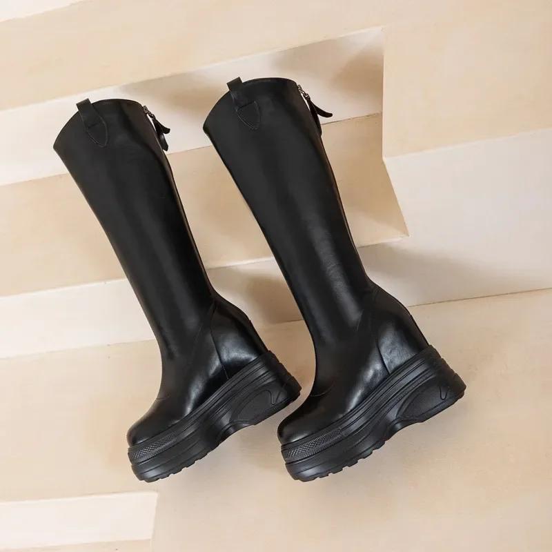 Fashion Women's Boots Genuine Leather  New 11cm Heel High Platform Internal Heightened Boots Women's Fashion High Heel Boots Women