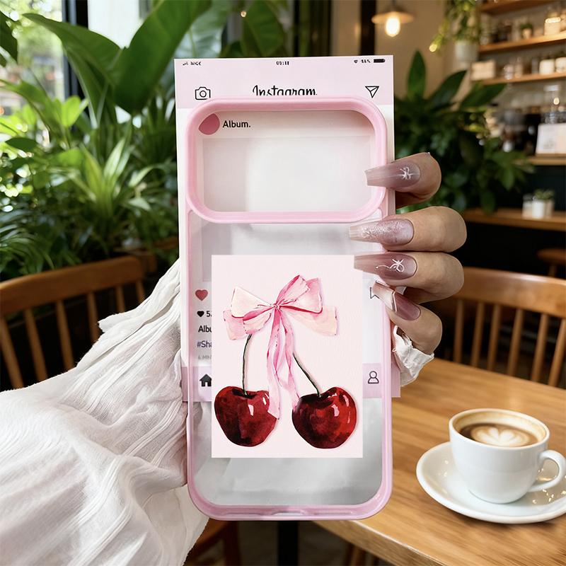 Creative Pink Y2K Bow Cherry Phone Case For iPhone 17 Pro Max 17 Air 17Pro 17 Hand Painted Shockproof Clear Hard Cover Fundas