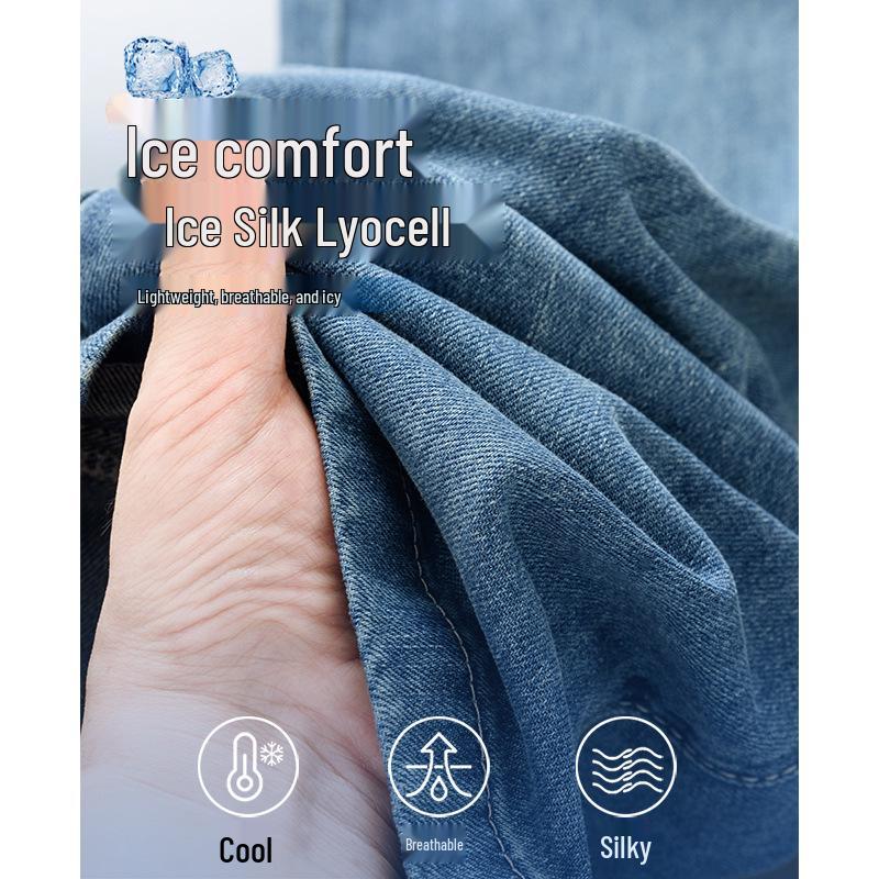 Damen Sommer Tencel Jeans - Schlankmachende Hohe Taille, Gerades Bein, Retro Lockerer Schnitt, Kühle Eisseide, Fließende Weitbein Hose.