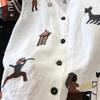 Women Cartoon Character And Animal Embroidered V Neck Button Front Linen Blend Sleeveless Vest
