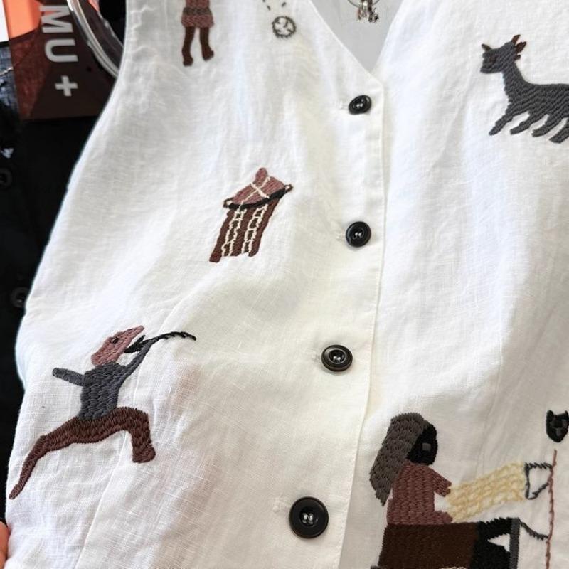 Women Cartoon Character And Animal Embroidered V Neck Button Front Linen Blend Sleeveless Vest