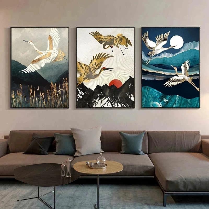 Retro Chinesischer Stil Leinwandmalerei Goldener Fliegender Kran Abstrakte Sonne Tier Vogel Poster Drucke Wandkunst Bild für Wohnzimmer