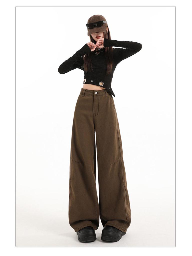 American Retro 2026 High-Waisted Wide-Leg Brown Jeans for Women