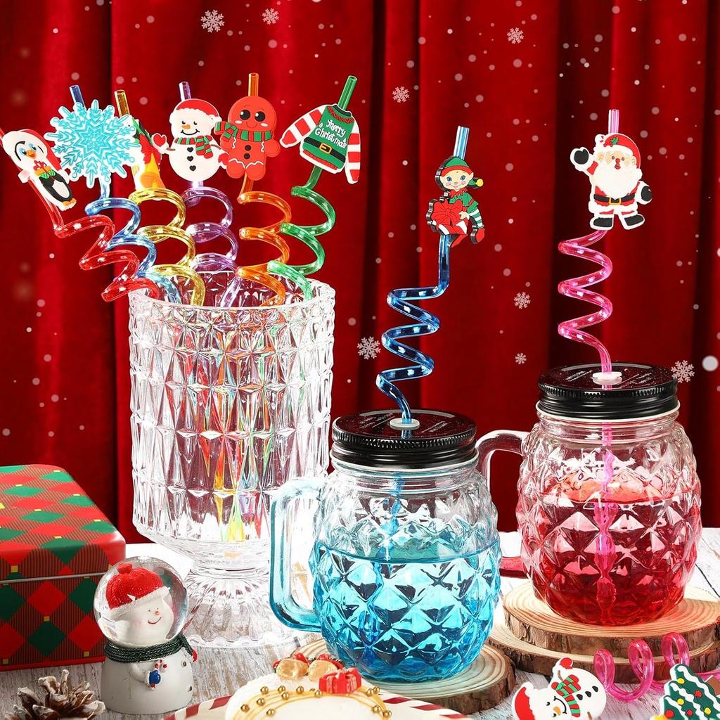 Christmas Plastic Drinking Straws Cute Santa Snowflake Reindeer Straws Party Favors for Kids Holiday Xmas Party Supplies