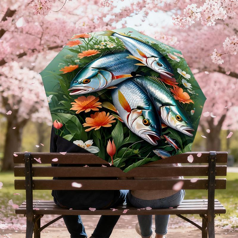 1PC fishes flowers Automatic Open/Close Umbrella with Windproof, 8-Rib Sturdy Canopy, Durable Ribs, Fashionable Design, Outdoor Accessory, Fun Prin, H