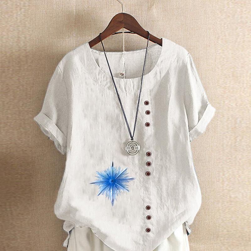 Women's Fashion snowflake Prined Round Neck Short Sleeve T-shirt Casual Cotton Linen Graphic Shirt Leisure Loose Summer Blouse Tops Plus Size