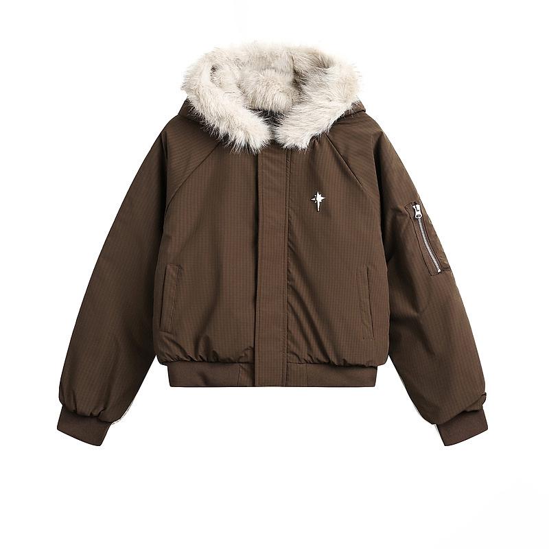 Unisex Short Winter Cotton Jacket with Thick Fur Collar Hood
