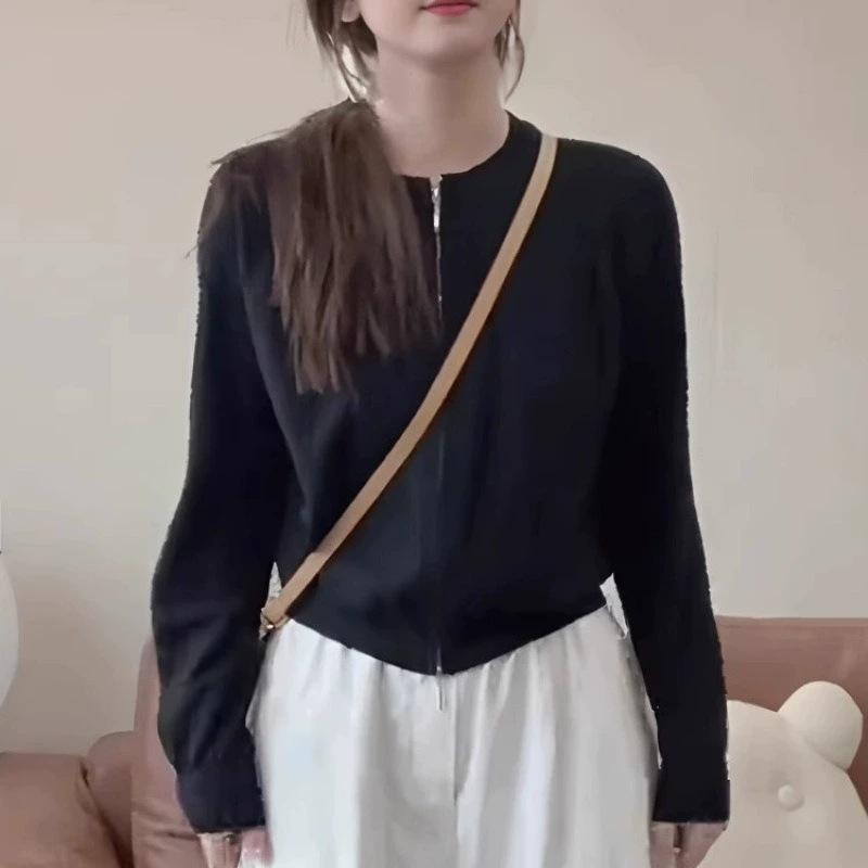 Early Autumn New Solid Color Casual Versatile Zipper Knitted Cardigan Women's Loose and Thin Round Neck Long-sleeved Sweater Jacket