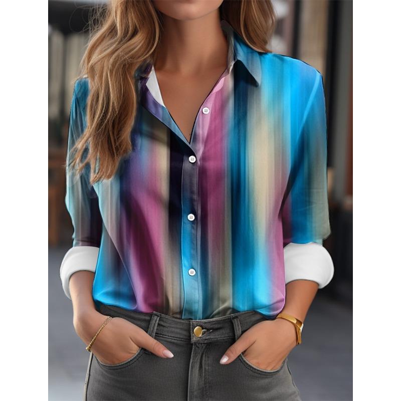 Fashion Multicolour Geometric Splicing Pattern 3D Print Women's Long Sleeves Shirt Autumn Women's Holiday Shirt Women's Clothing