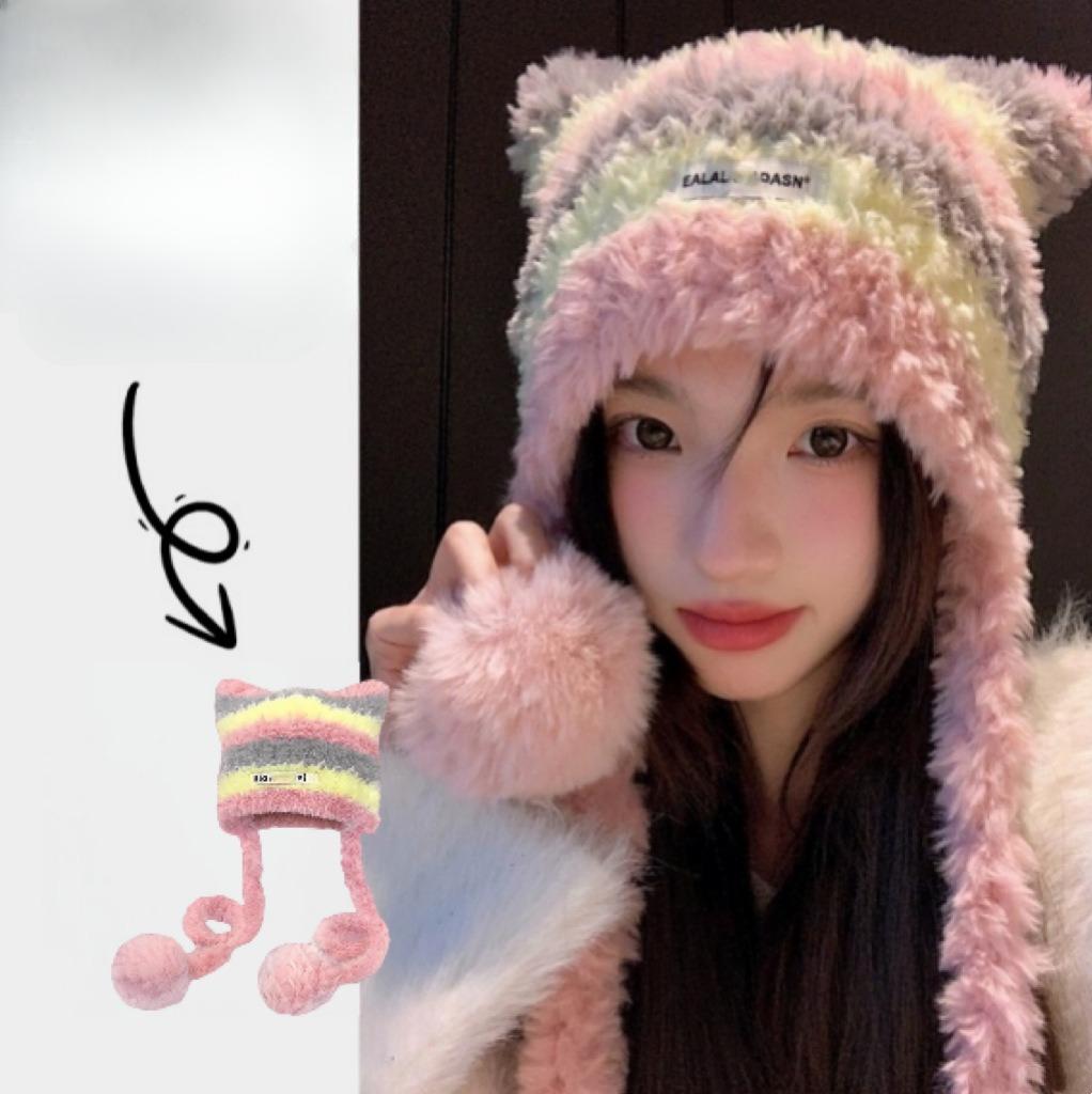 Striped Knitted Hat Fluffy Earflap Wool Hat Winter Korean-Style Warm Versatile Can Be Used As A Bag