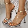 Fashion Luxury Silver Heart Crystal Clip Toe Sandals Women Brand Design Transparent Pvc Strap Super High Heel Slippers Sexy Party Shoes
