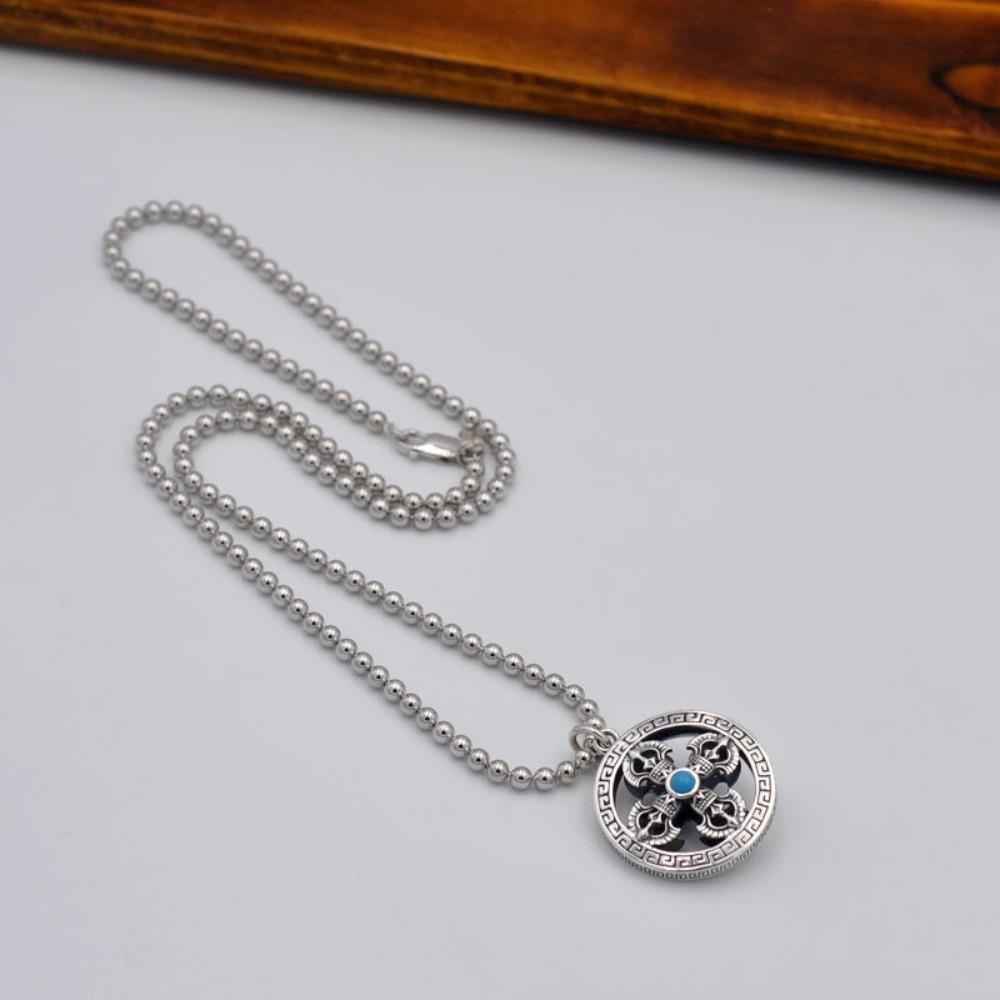 JMXD-Retro and Old Men's Necklace, Round Cross Vajra Pestle Pendant, Silver-plated No-gap Bead Design