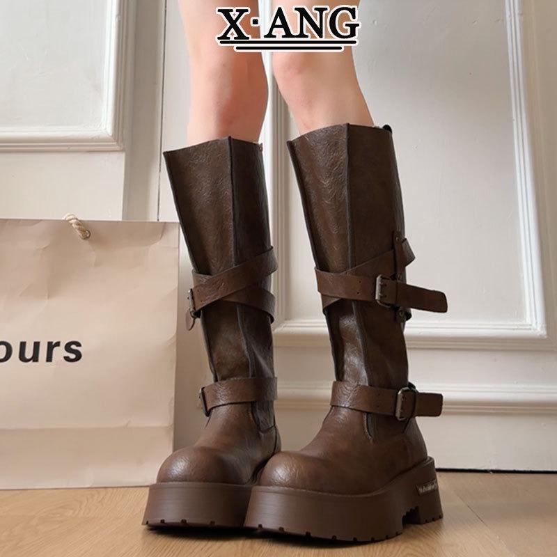 Cowhide version battle damage venom boots big tube circumference knight boots thick heel thick sole heightening boots but knee high boots children