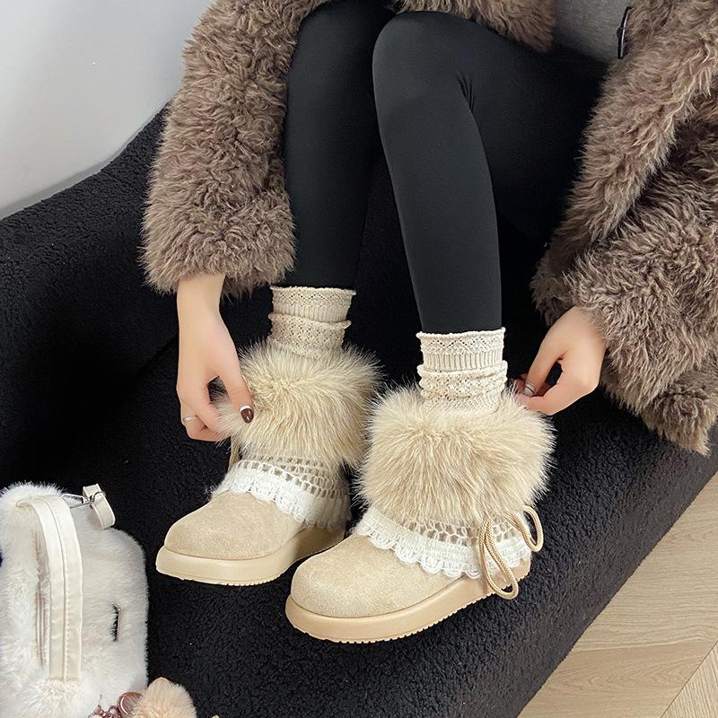Women's furry mouth lightweight thick sole winter warm one-step snow boots lined with fleece non-slip wear casual sports cotton boots