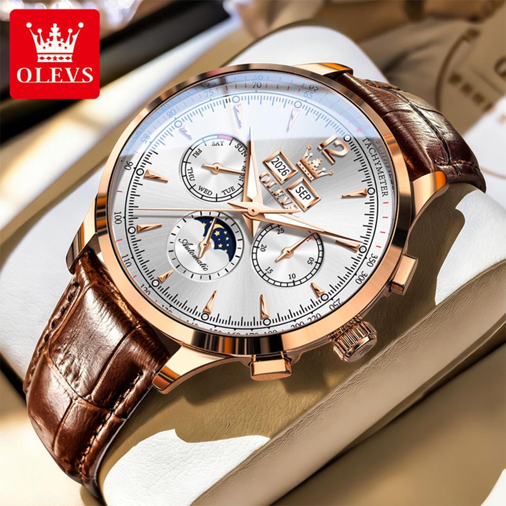 OLEVS Brand New Fashion Moon Phase Original Mechanical Watch Men Leather Strap Waterproof Week Calendar Automatic Watches Mens