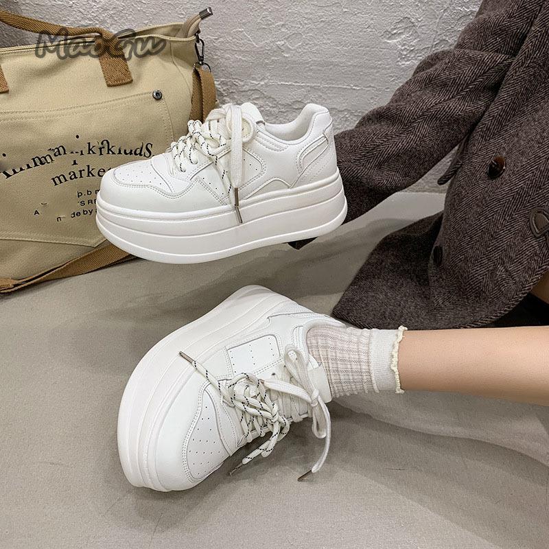 White Platform Chunky Sole Sneakers Casual Daily Wear Footwear Breathable Lace-Up Shoes Fashion Height Increasing Zapatos Mujer