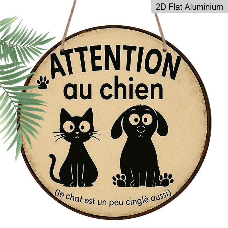 

2D Flat, 1pc 7.87 Inch Round French Aluminum Sign, Beware of Dog Vintage Decorative Plaque, Pet Cat and Dog Reminder Decorative Art, Suitable for 1pc