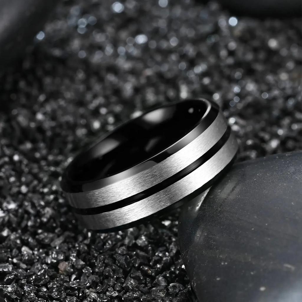8mm Black Stainless Steel Rings For Men Women Silver Color Brushed Beveled Edge Men Promise Rings Wedding Bands Jewelry