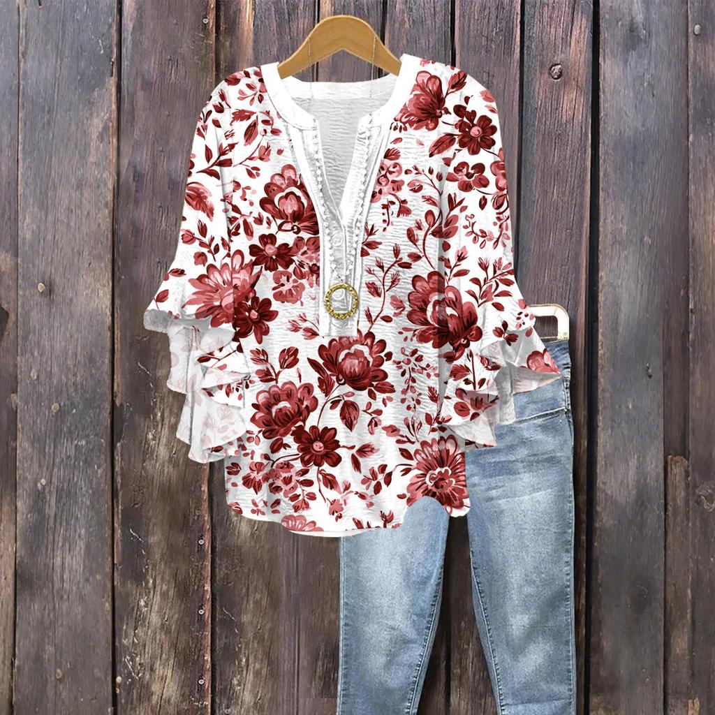 Dámská módní knoflíková halenka s volánky a sedmivteřinovým rukávem, top s květinovým potiskem