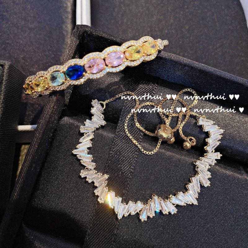 Bright Colored Gemstone Bracelet, 18K Gold Plated Irregular Full Diamond Zircon Bracelet, Open Bracelet Colored Sapphire
