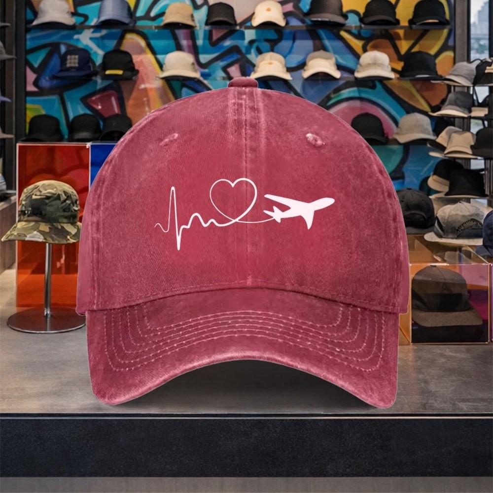 Airplane Heartbeat ECG Print Washed Baseball Cap Vintage Adjustable Cotton Outdoor Travel Hat