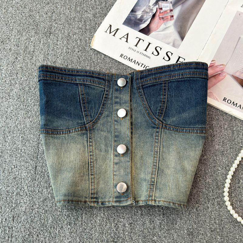 

American Style Short Vest Denim Camisole Women s Sexy Summer Outer Wear Short Beautiful Back Sweet and Spicy Style off-Shoulder Tube Top Tops Blue-Green One size