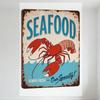 Vintage Rustic Seafood Metal Sign, Red Lobster Cartoon, 'SEAFOOD' Bold Letters, 'ALWAYS FRESH' & 'Our Specialty!' Water Wave Bac