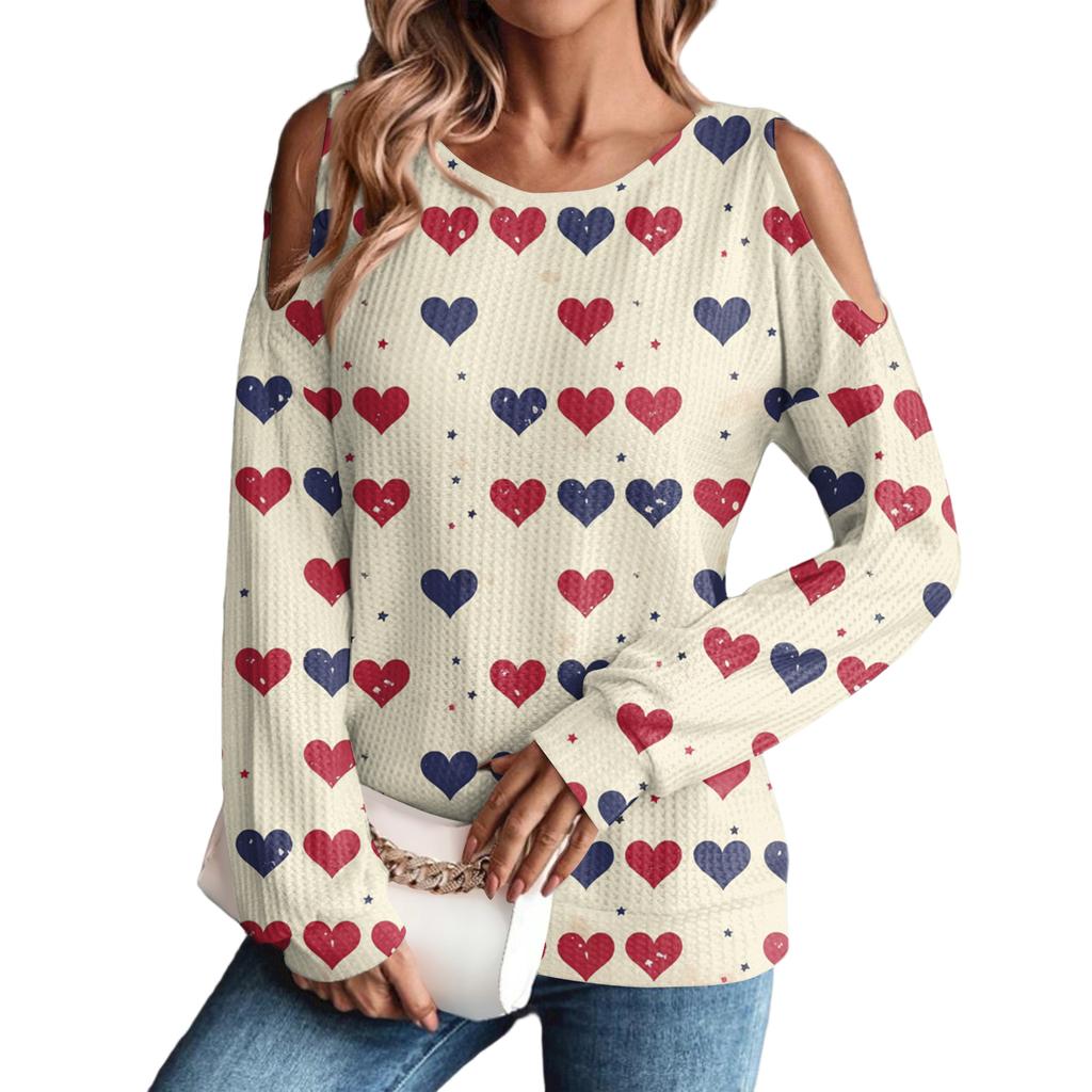 Women's Winter Oversized T-Shirt Fashionable Off-the-Shoulder Round Neck Vintage Floral Print Pullover Long-Sleeved Top