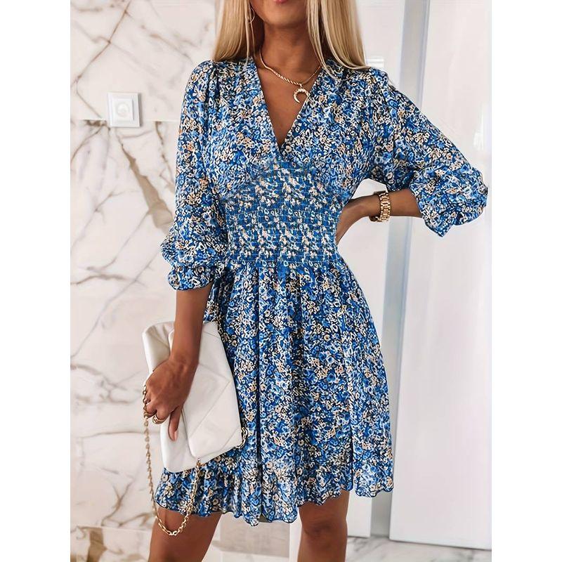 Sweet Summer Fashion Wind Depth V Neck Elastic and Waisted Floral Flounce Half-Length Sleeve Dress 6 Colors Female Dress