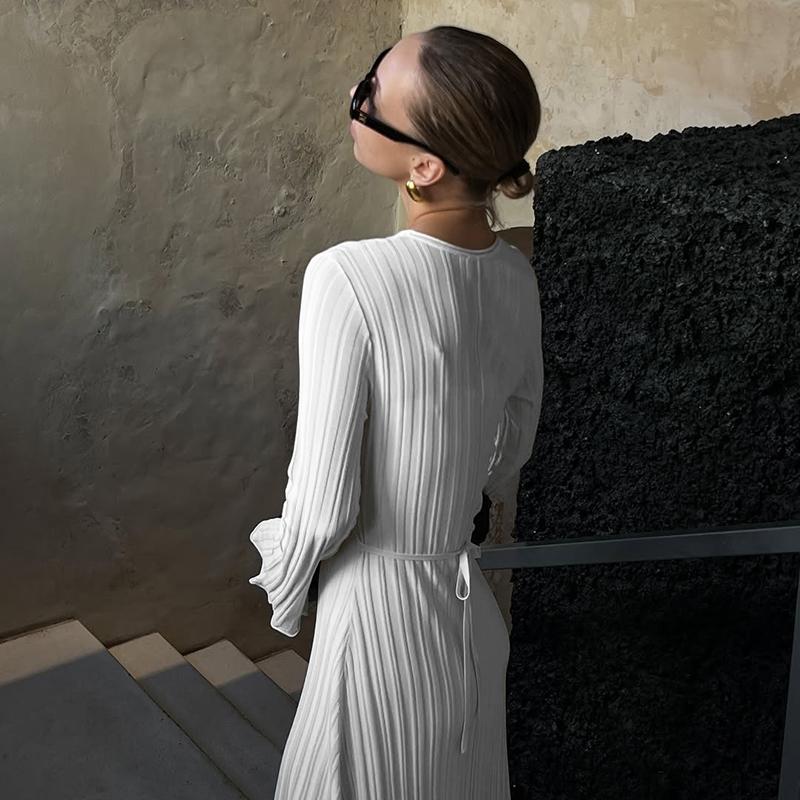 White Knitted Long Dress Women 2026 Spring New Long Sleeve Bandage Loose Casual Dress Streetwear Womens Vestidos