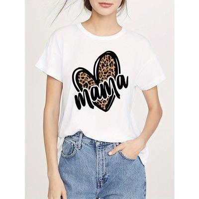 European Size Women'S White T-Shirt -Mother'S Day Outfits Summer Top with Leopard Print Design, Relaxed Fit Stylish Short Sleeve Shirt