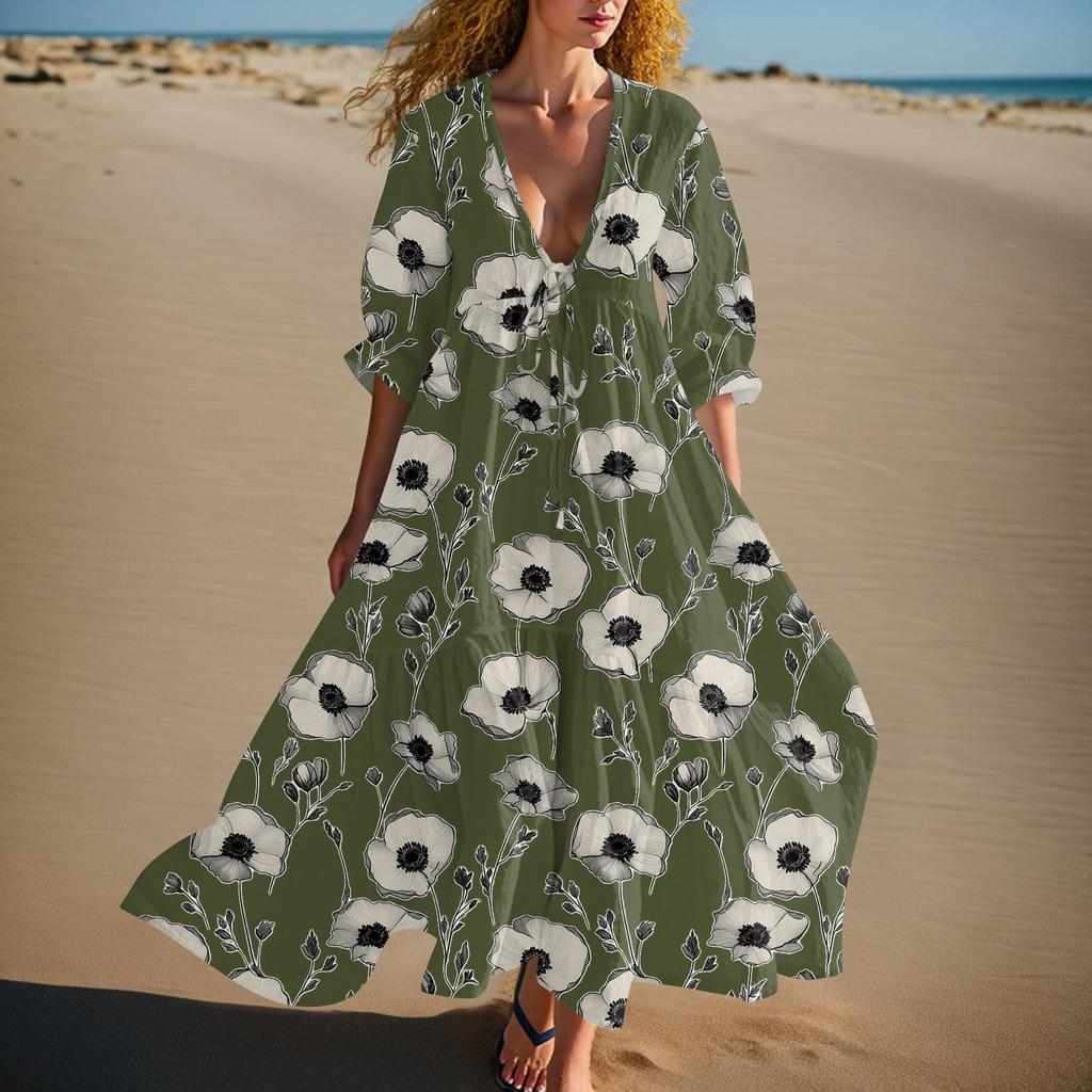 Women's Summer Fashion V-neck Retro Floral Print Short Sleeved Beach Dress With Lace Patchwork Dress