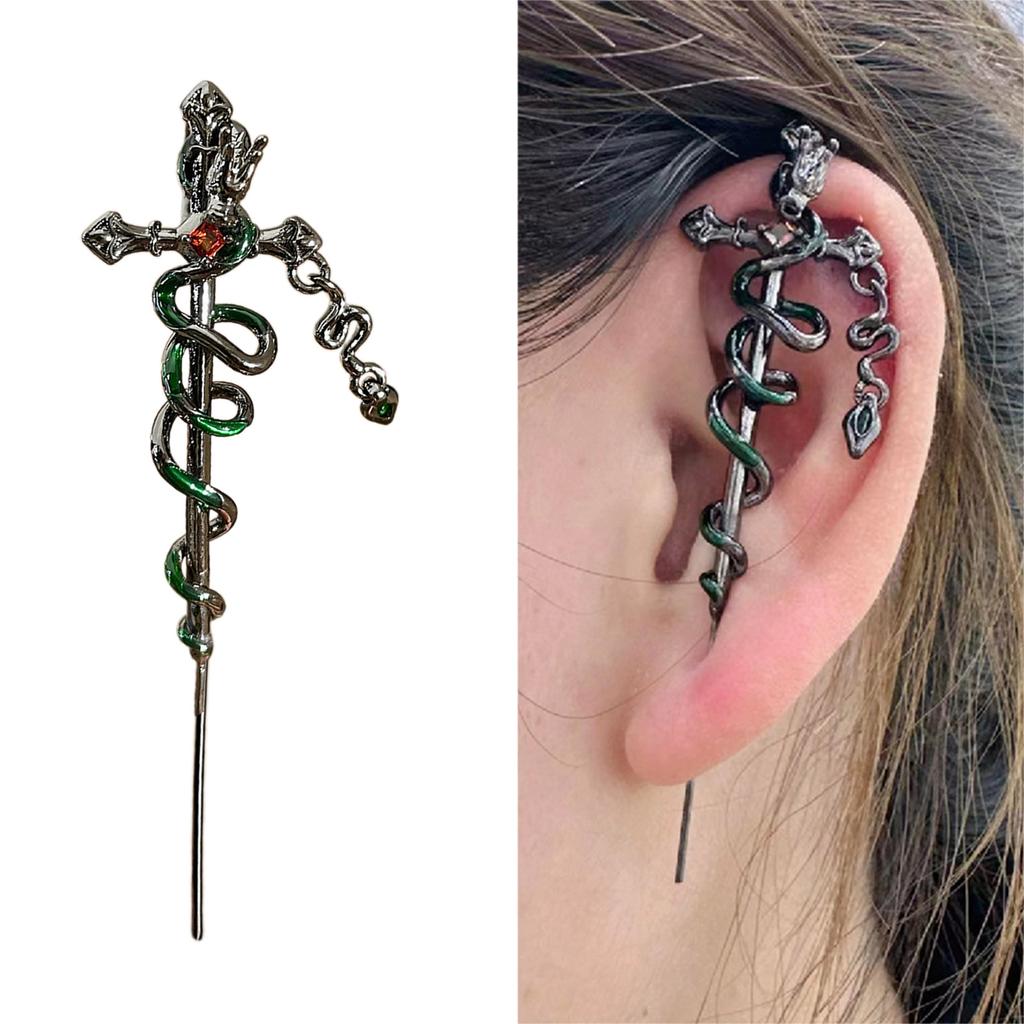 Sophisticated Green Snake Wrap Earrings Eye Catching Crosses Ear Cuff Adornment Fashion Jewelry for Fashion Individuals